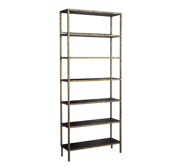 Large Stella Bookcase with six shelves featuring dark brown or driftwood finish and antiqued gold frame.