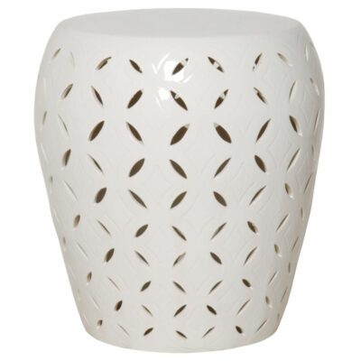 Large white ceramic crackle lattice stool with intricate patterns, available in various colors due to natural glazing process.