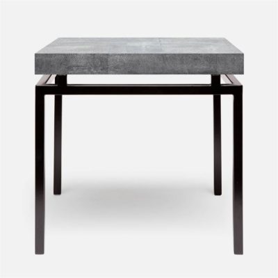 Black and gray side table with a faux shagreen top, floating above a black lacquered steel base.