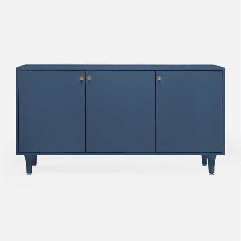 Blue three-door buffet with a modern design, featuring flat-paneled doors and a clean, minimalist aesthetic.