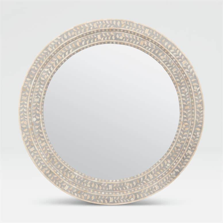 Large round mirror with a tanen frame and bone inlay, set against a white background.