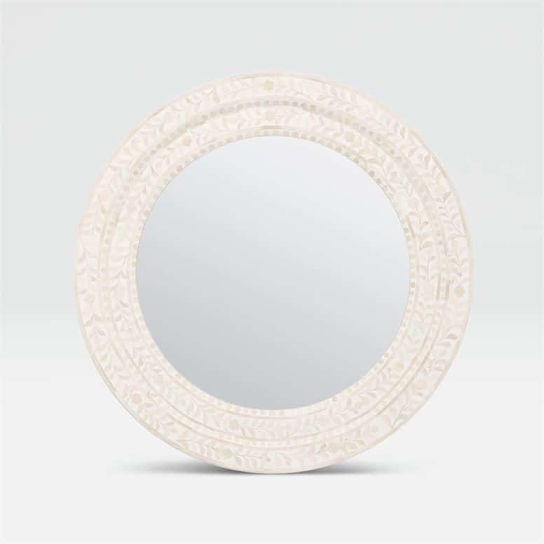Large round mirror with a tanen inlaid bone frame and white resin backing, set against a plain background.