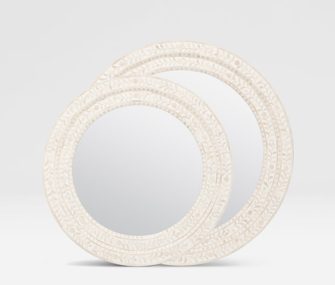 Tanen inlaid bone mirror with white resin border 38 inches in diameter 1780 Also available as a small tanen mirror 32 inches