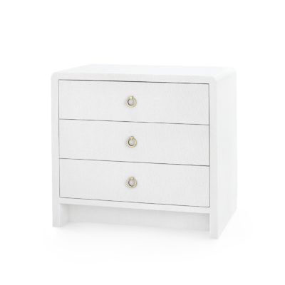 White three-drawer side table with brass handles and a linen finish, set against a white background.