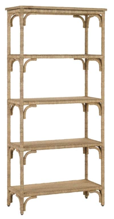 Abaca rope etagere with Asian style rope band apron detailing and four shelves, standing alone against a white background.