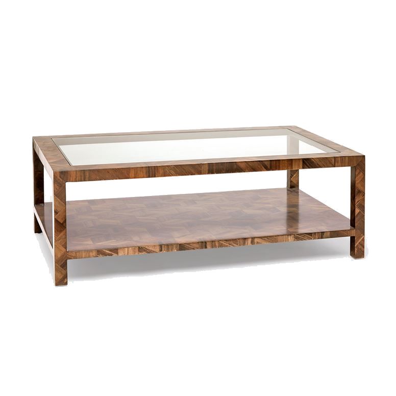 Banana bark coffee table with glass top and geometric bark pattern, available in dark stain or natural banana bark.