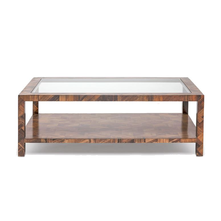 A sleek, modern coffee table with a glass top and geometric banana bark pattern on the legs.