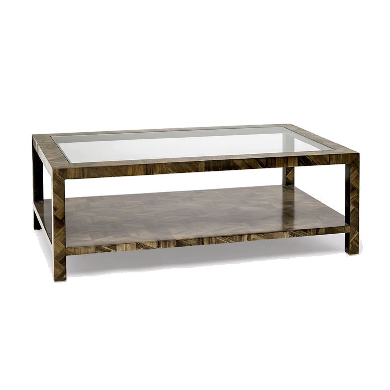 Banana bark coffee table with glass top and geometric banana bark pattern, available in dark stain or natural finish.