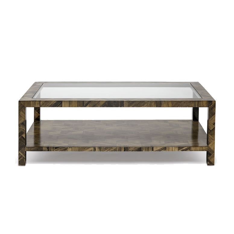 Banana bark coffee table with glass top and geometric pattern on wooden base, available in dark stain or natural finish.