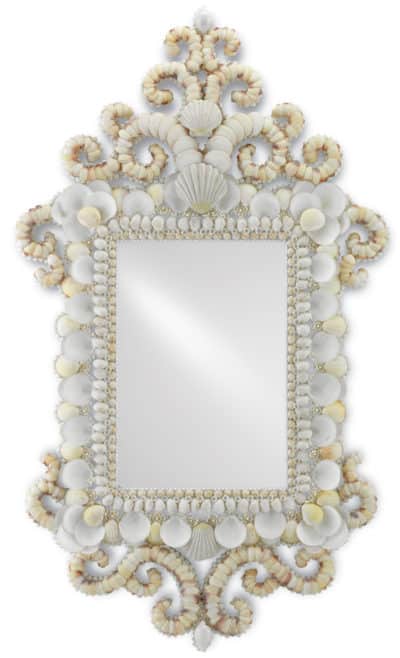 Spouting seashell mirror with white frame, intricate shell patterns and colors, suitable for vertical hanging on a bathroom wall or dresser.