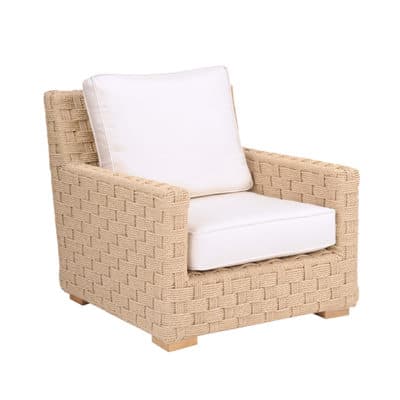 Wicker outdoor chair with cushion, featuring a natural rope finish and solid teak feet.