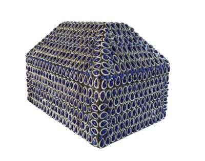 Large blue beaded box with intricate patterns and designs, showcasing its decorative nature as an accessory in art and decor.