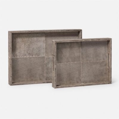 Two winn hair on hide trays, one large and one small, with a brown candy striped pattern, displayed against a white background.