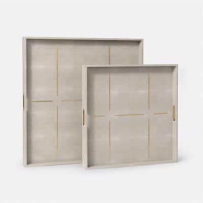 Two large square trays with a beige faux shagreen finish and inset brass handles, displayed against a white background.