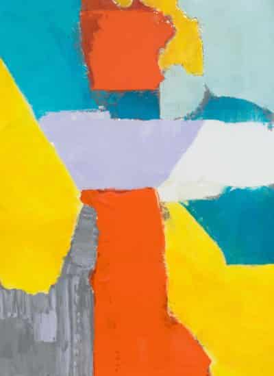 The image is a vibrant abstract art piece featuring geometric shapes in bold colors predominantly red and yellow against a blue background