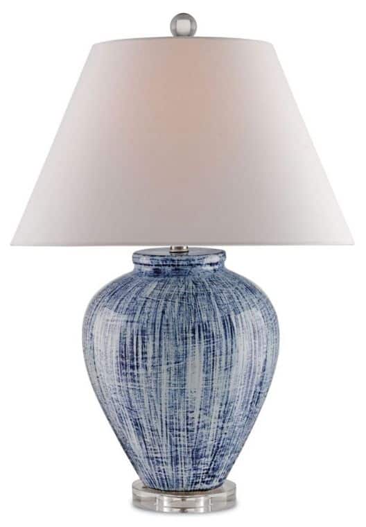 Blue and white wire brushed ceramic table lamp with acrylic base and white linen shade.