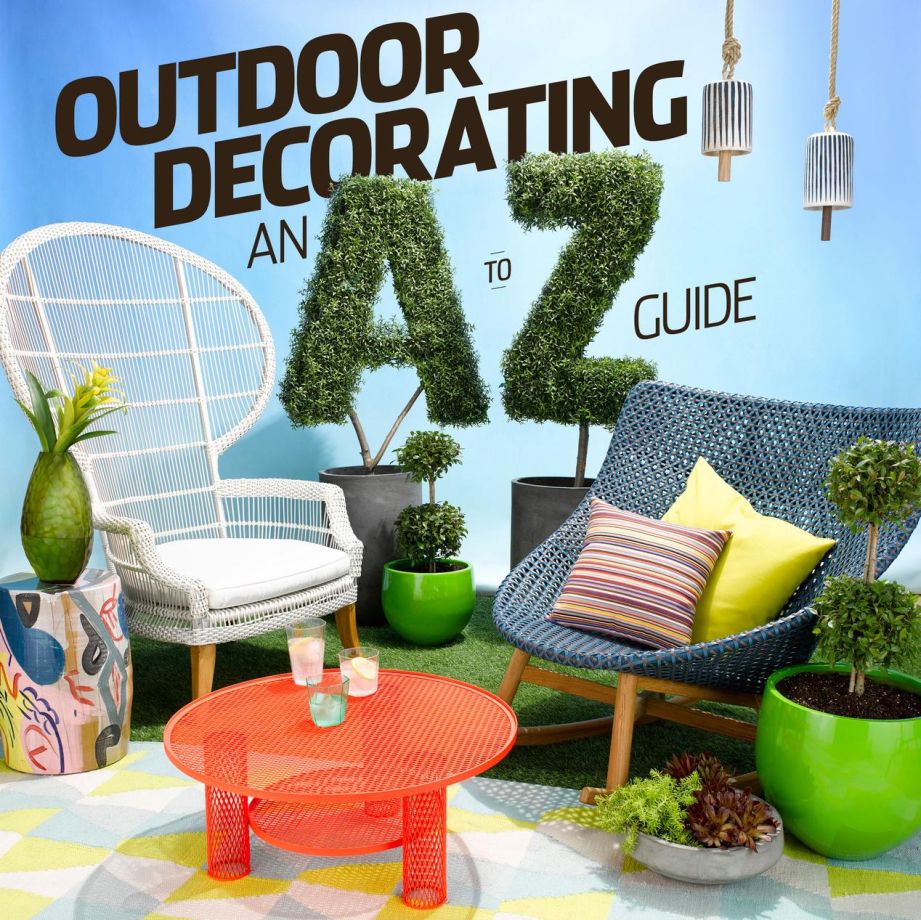 Outdoor patio decorated with an alphabet, guide to az, wicker furniture, potted plants, and a blue sky background.