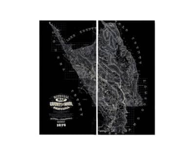 A diptych black map of Napa featuring two canvases each measuring 24 inches by 48 inches showcasing a detailed and intricate representation