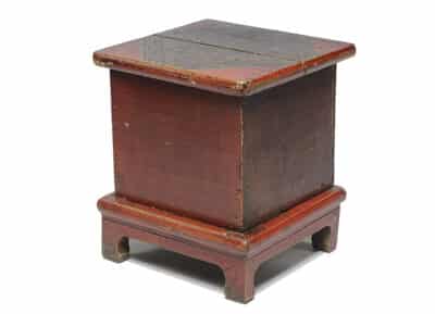 Red box side table on stand, red lacquered finish, decorative deer and standing crane painting, Hebei Provence, China, circa 1850.
