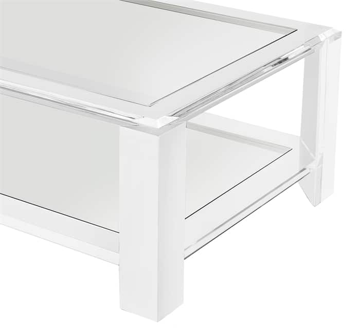 A clear glass coffee table with a white frame, featuring a bottom glass shelf and a transparent top surface.