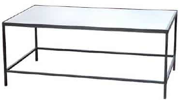 A rectangular coffee table with a metal frame and a white surface, presented in a side view perspective.