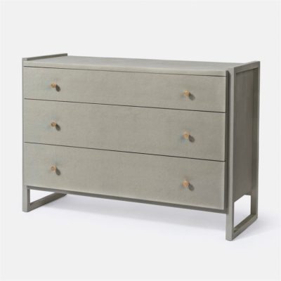 The image shows a modern rectangular dresser with a sleek design It has a light grey finish and features a geometric pattern