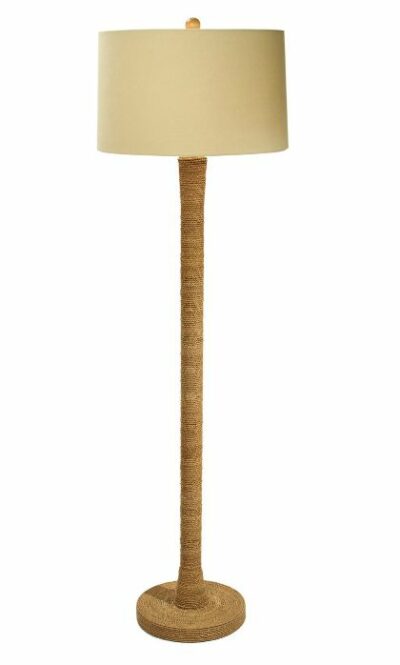 Brown woven rope floor lamp with a beige linen shade and a gold base.