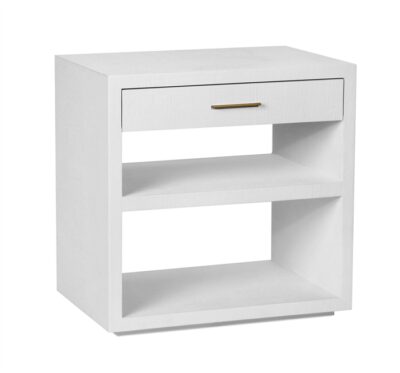 White nightstand with a drawer and two shelves, featuring a linen texture finish and antiqued brass hardware.