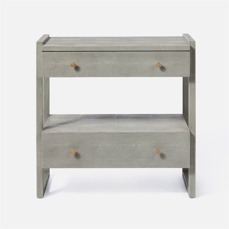 A large, gray faux shagreen nightstand with two shelves and a drawer.