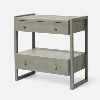 Large, gray Carri Faux Shagreen nightstand with two shelves and a drawer, available in castor gray, french gray, or pristine white.