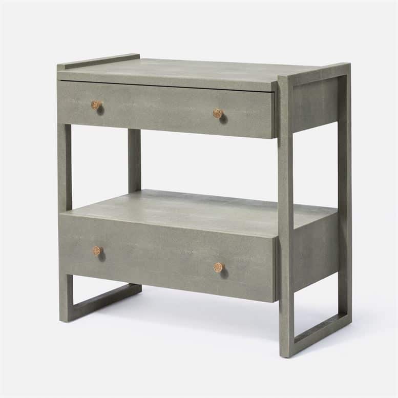 Large, gray Carri Faux Shagreen nightstand with two shelves and a drawer, available in castor gray, french gray, or pristine white.
