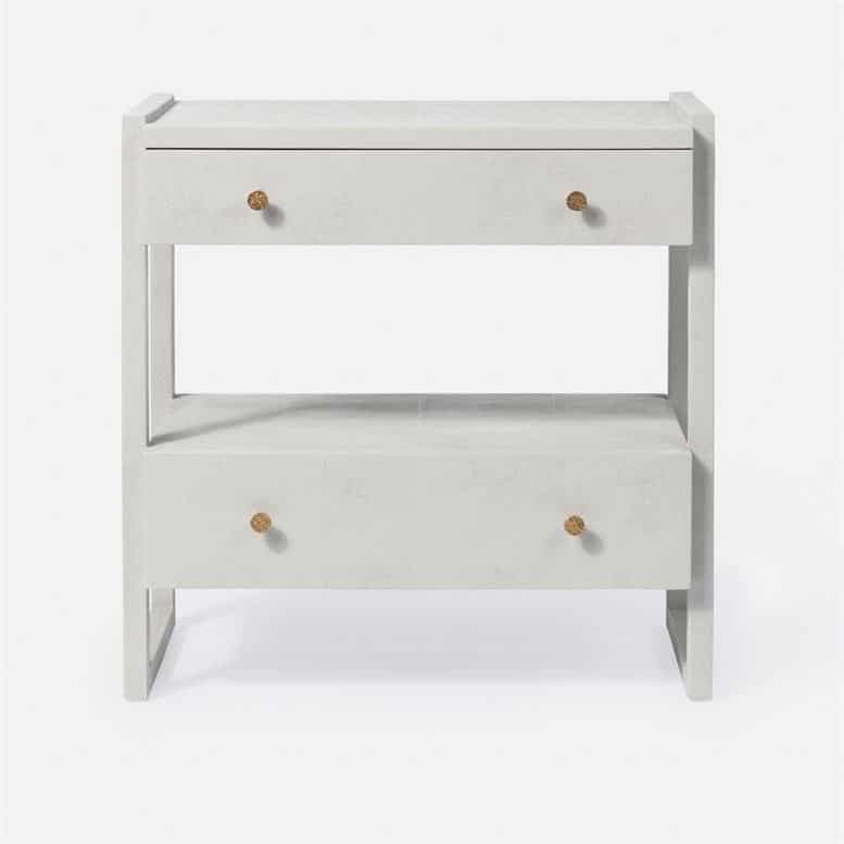 A large, light gray nightstand with a modern design and two drawers, positioned against a white background.