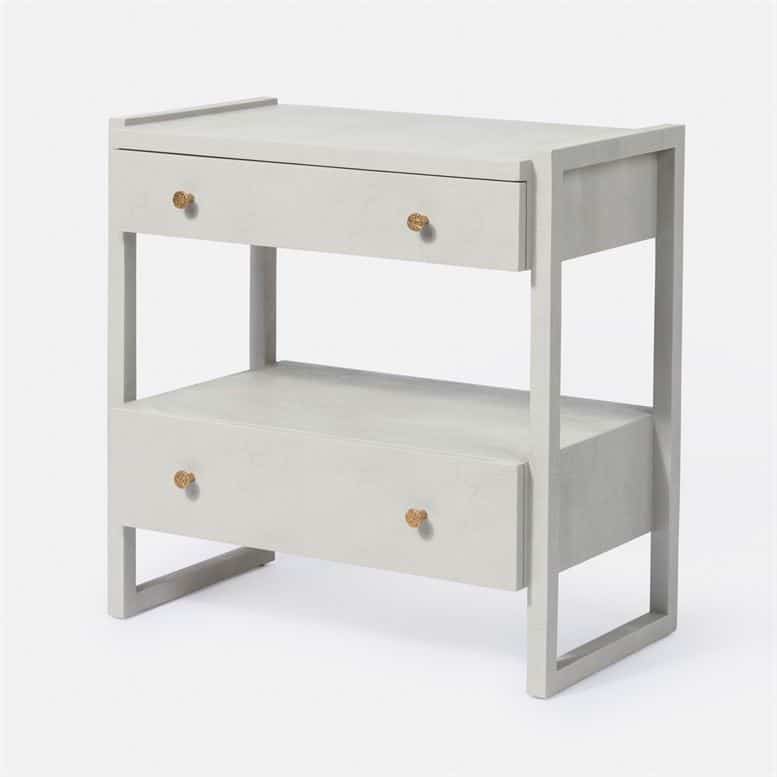 A white, two-tiered nightstand with a modern design and metal handles on drawers.