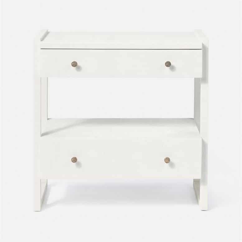 White nightstand with two drawers, one on top and one at the bottom, against a white background.
