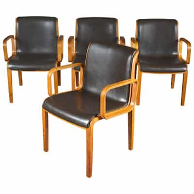 Set of four vintage Knoll wood frame Bent Arm dining chairs with leather upholstery from original IBM office order circa 1960 s
