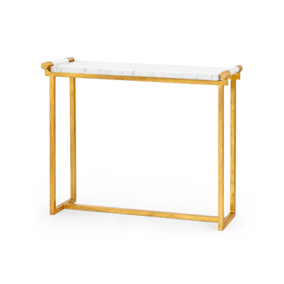Art Deco style marble and gold leaf console with a single marble slab resting between two cylinders, each slab varying in size.