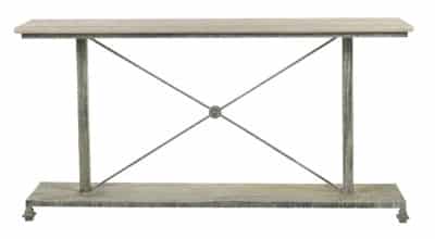 A wooden console table with a deep ocean finish and light travertine top, featuring a metal frame and two shelves.