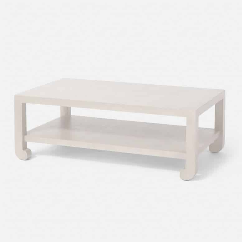 White coffee table with a simple design, placed against a white background.