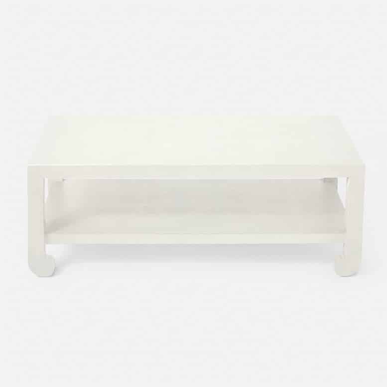 White coffee table with a rectangular top and four legs, placed against a white background.