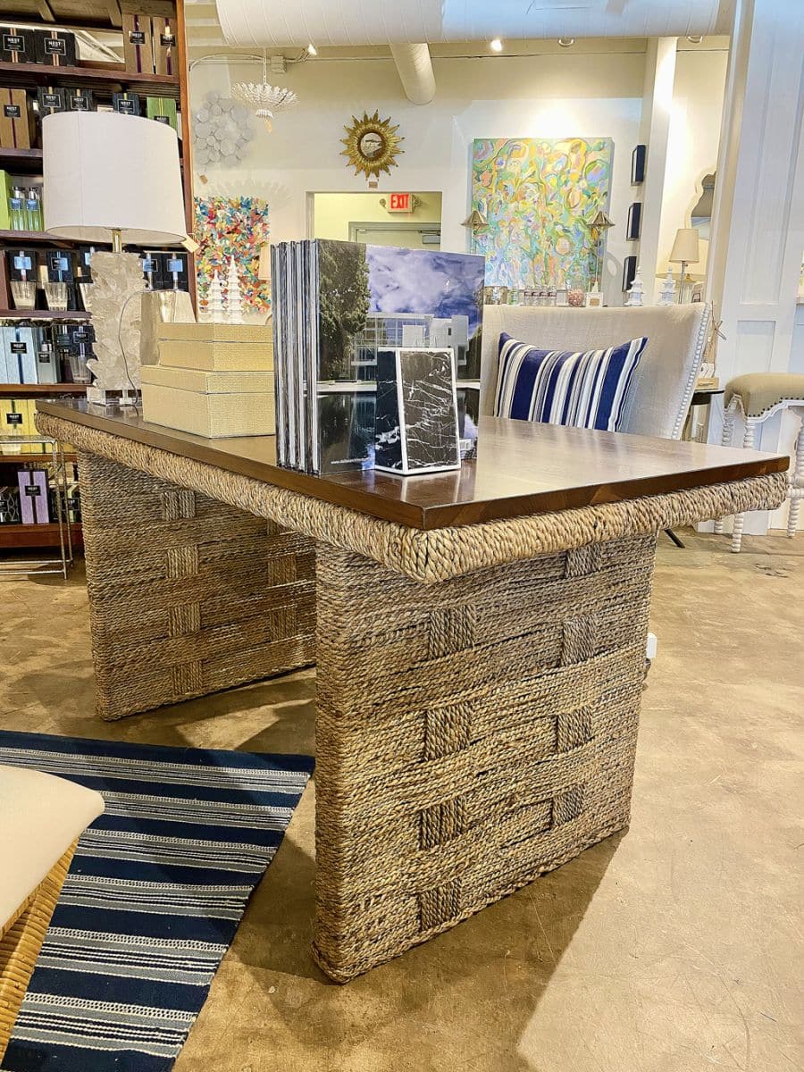 Stunning teak desk with woven rope base, available in glass or wood top; elegant design perfect for any setting.