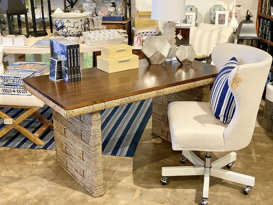 Stylish Colby desk with teak top and interwoven rope base, available in multiple locations.