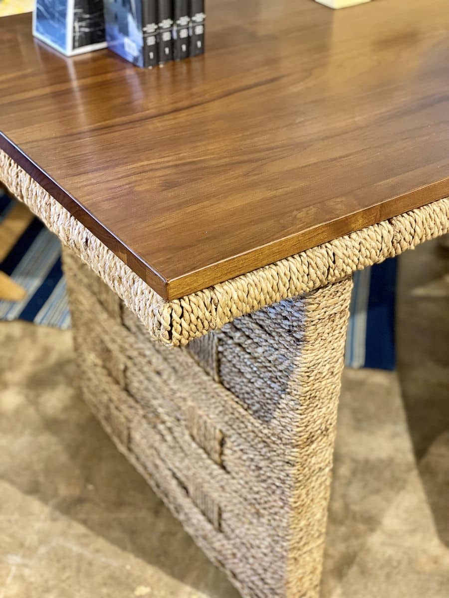 Colby Desk with interwoven rope base, teak top; shown in Hamptons, Palm Beach, Dallas, Los Angeles, East Warehouse.