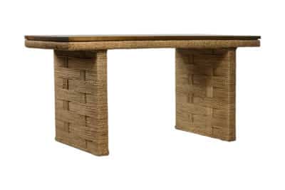 Woven base with teak top French inspired design available in glass top option shown in various locations including Hamptons Palm Beach Dallas