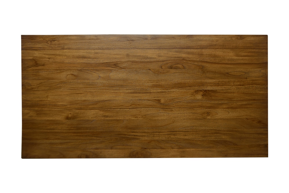 The image shows a large wooden desk with a teak finish and a woven base presented in an overhead shot It is