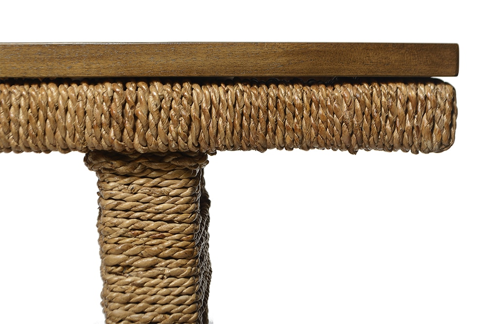 Two images showcasing a Colby Teak and Woven Desk featuring a French-inspired design with an interwoven rope base and a teak top