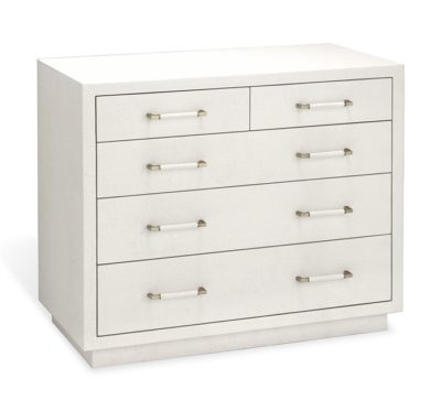 White Aiden Faux Linen 5 Drawer Dresser with brass handles and knobs.
