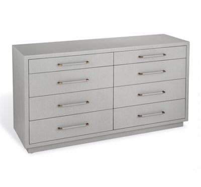 Grey Aiden Faux Linen 8 Drawer Dresser with metal handles and drawers, set against a white background.