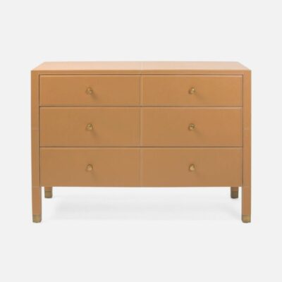 The Sean Leather Dresser features three drawers with gold pulls available in dark tan or light grey leather showcasing a side profile