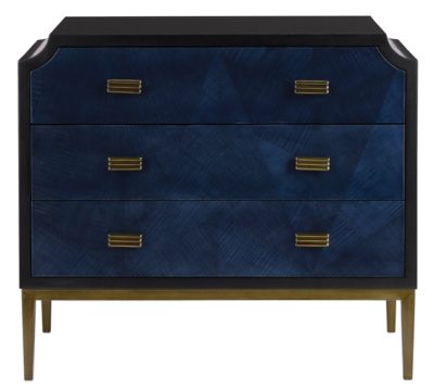 Dark blue and gold accented chest with a glossy finish, featuring six drawers and two doors, set against a white background.