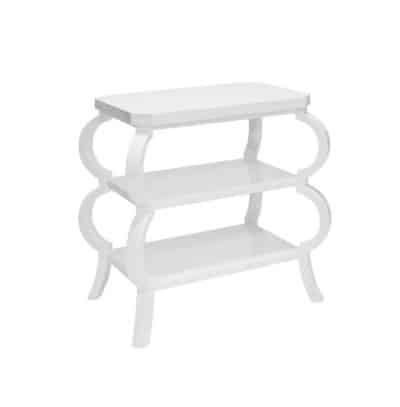 A modern, three-tiered side table with a curved design, available in cerused oak and white lacquer finishes.